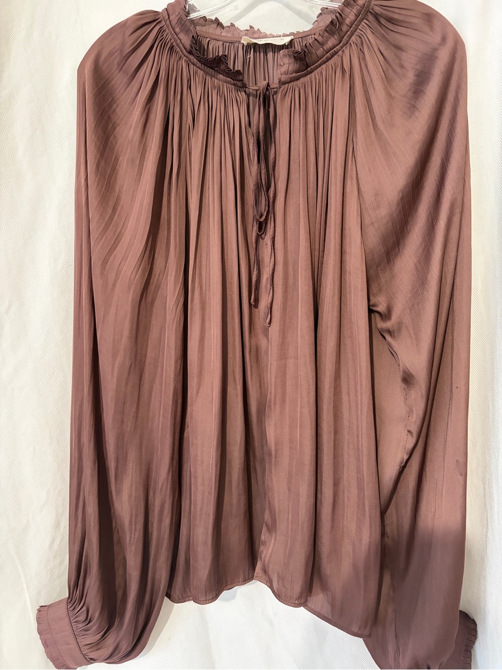 Oversized Relaxed Pleated  Chocolate Brown Blouse Sleeve Balloons Boho Flowy M